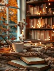 Fototapete - A cup of coffee rests on a knitted blanket alongside open books, creating a warm and inviting atmosphere perfect for reading. Generative AI