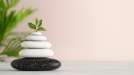 Zen Stones with Green Plant on White Background