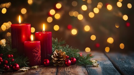 Wall Mural - warm and inviting christmas scene featuring glowing candles and twinkling lights, perfect for holida