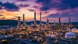 © สมเจตน์ หนูแก้ว - A sleek and modern oil refinery with a network of pipelines and storage tanks, set against a dramatic evening sky