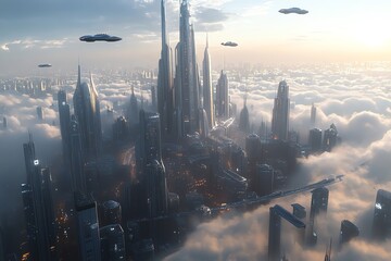 Aufkleber - A sprawling futuristic city where skyscrapers stretch into the clouds and flying cars zip through the air