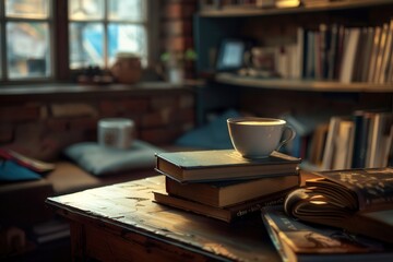 Fototapete - A warm and inviting space features a cup of coffee atop stacked books, ideal for enjoying a quiet afternoon engrossed in reading. Generative AI