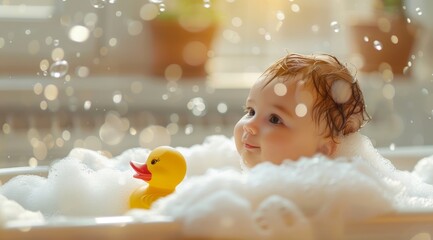 Cute baby in a bathtub with a rubber duck, soap suds on the face and hair, a bokeh background. New child, parenthood loving relationship