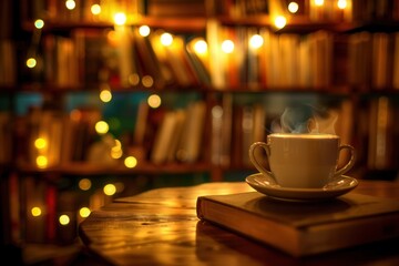 Fototapete - A warm and inviting space features a steaming cup of coffee placed on a book, surrounded by softly lit shelves packed with books. Generative AI