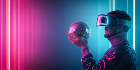 Person wearing futuristic VR headset and holding a disco ball, surrounded by neon light stripes. The image conveys a retro-futuristic vibe with vibrant colors and shiny textures.