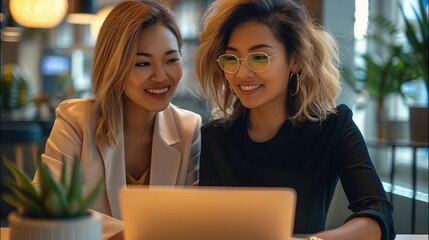 Aufkleber - In office with two professional women collaborating over laptops.