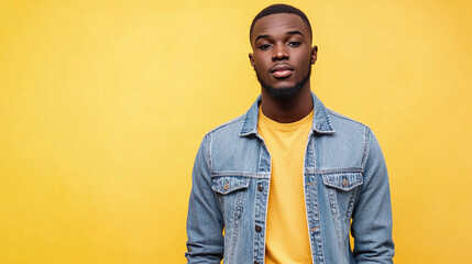 A casual man in a stylish denim jacket and t-shirt, posing relaxed against a vibrant yellow backdrop.