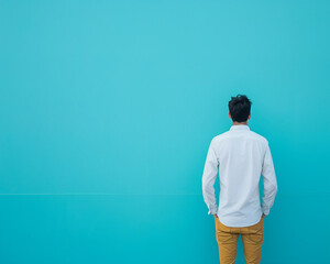 Stylish Young Man Standing Against a Turquoise Wall in Casual Attire - Back View Photograph