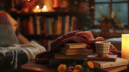 Poster - A stack of books is complemented by a cup of coffee and soft blankets, creating a warm and inviting space ideal for relaxation. Generative AI
