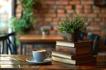 Aufkleber - Enjoy a warm atmosphere at this inviting book cafe, featuring coffee, books, and greenery perfect for a peaceful retreat. Generative AI