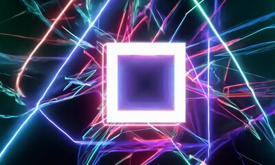 Wall Mural - Abstract digital artwork with luminous white square and neon lines.