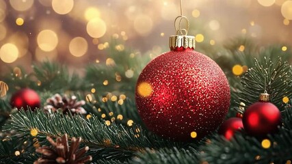 Wall Mural - christmas ball ornament hangs gracefully on a snow-dusted evergreen branch, creating a festive and c