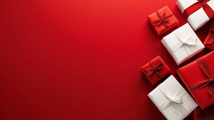 Classic christmas gift presents with red and white wrapping and ribbon bows on a vibrant red background, perfect for holiday celebrations and festive decor inspiration


