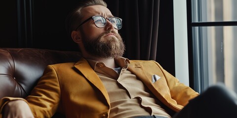 Wall Mural - A man with a beard and glasses is sitting in a yellow jacket. He is looking out the window