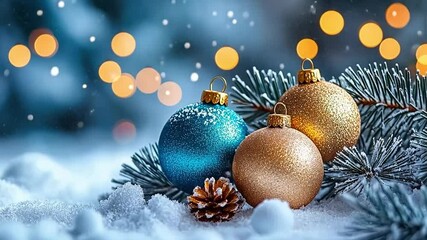 Wall Mural - blue and gold christmas ornaments lie on a snow-covered surface. a christmas tree branch and pine co