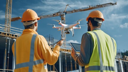 engineers using drones to inspect the progress of a suspension bridge under construction advanced te