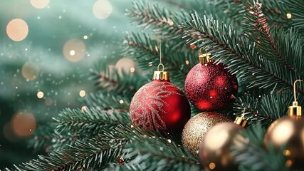 Wall Mural - christmas balls ornament hangs gracefully on a snow-dusted evergreen branch, creating a festive and 