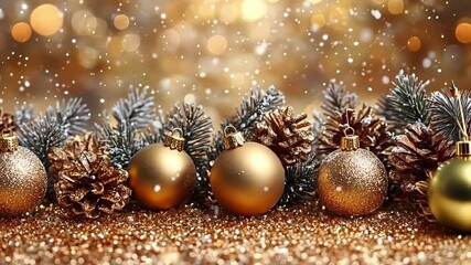 Wall Mural - christmas balls, cones on the branches of a fir tree on a background of golden bokeh. copy space