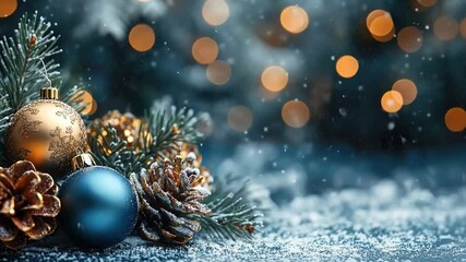 Wall Mural - christmas balls, cones on the branches of a fir tree on a background of golden bokeh. copy space