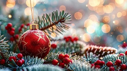 Wall Mural - christmas balls on the branches of a fir tree on a background of golden bokeh.