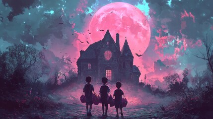 Three Young Adventurers Stand Before a Haunted House Under a Mysterious Pink Moonlit Sky, Embracing the Thrill of the Night's Mystique