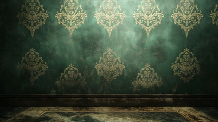 Victorian floral paper pattern, Vintage green wallpaper with ornate gold pattern