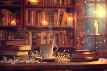 Fototapete - A steaming cup of coffee rests on a table among an array of books, enhancing the warm ambience perfect for reading or unwinding. Generative AI