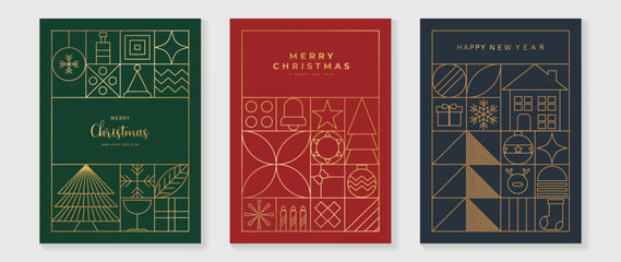 Wall Mural - Luxury christmas invitation card art deco design vector. Christmas tree, star, bauble ball, candle line art on green, red and navy blue background. Design illustration for cover, poster, wallpaper.