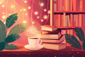 Fototapete - Enjoy a tranquil moment in a book cafe, surrounded by books, a comforting cup of coffee, and a serene atmosphere. Generative AI