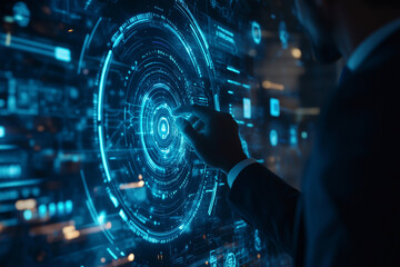 man is pointing at a glowing circle on a computer screen. The circle is surrounded by a series of lines and dots, creating a complex and intricate design