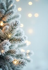 Festive white christmas background with frosty spruce branches and glowing holiday lights