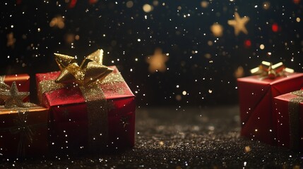 Wall Mural - beautifully wrapped christmas presents surrounded by sparkling stars and soft holiday lights, featur