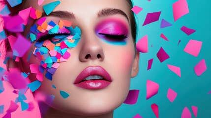 Sticker - A young woman with vibrant, abstract makeup, her eyes reflecting a kaleidoscope of emotions. The background is a simple, textured wall, highlighting the intricate details of the illustration.