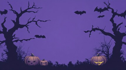 Halloween-themed purple background with creepy tree silhouettes, bats, and pumpkins lining the bottom.