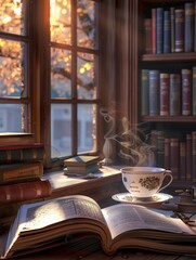 Poster - Warm light filters through the window, illuminating a stack of books and a cup of coffee, creating an inviting atmosphere for reading. Generative AI