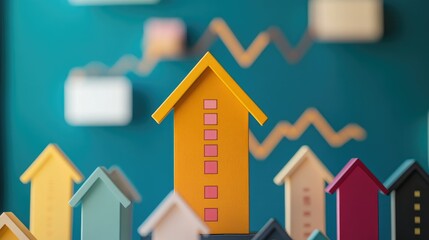 Housing market growth chart with bold arrows pointing up and a rising trend line in the background.