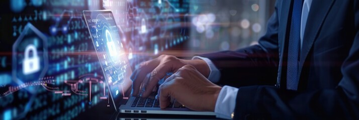Poster - A professional engages in cyber security practices, focusing on advanced data protection techniques within a digital network. Generative AI