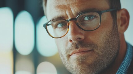 Sticker - Thoughtful Man with Glasses in Indoor Setting