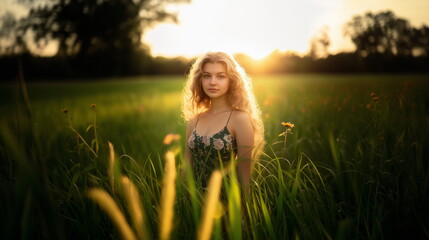 Wall Mural - A teenage woman model standing in the middle of a green, wide field with strong sunlight on a summer day.