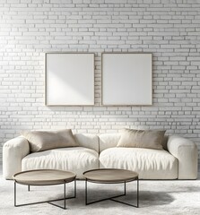 White Brick Wall Interior with Couch, Coffee Table, and Two Blank Frames