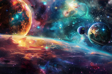 Wall Mural - a colorful space scene with a planet in the middle.,