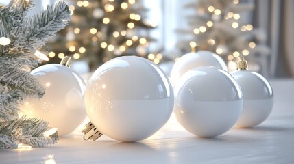 Wall Mural - festive christmas white background with 3d rendered christmas balls, ornaments, and holiday decorati