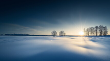 Poster - At dawn, the sun rising over a vast field covered in white snow under a dark sky, with a few trees. A quiet and peaceful winter scene.