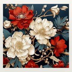 Wall Mural - Elegant Blue and Red Botanical Pattern in a Classic Vintage Style