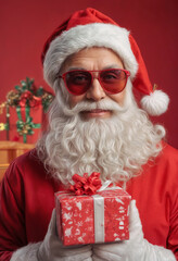 smiling fashion santa in sunglasses at red background with presents