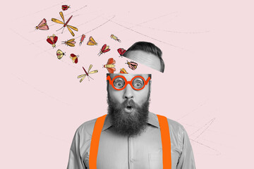 Poster - Composite photo collage of astonished man wear glasses open mouth insect bug thought idea imitation isolated on painted background