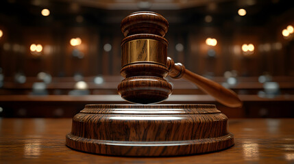 Wall Mural - A wooden gavel rests on top of the desk with a blurred background, symbolizing law, justice, and decision-making. The close-up shot focuses on the gavel, which is often associated with courtrooms, leg