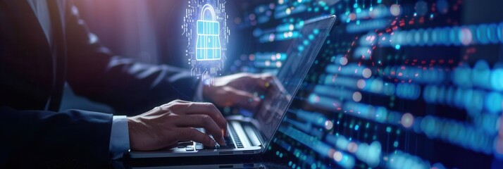 Poster - A professional engages in data protection activities while using a laptop, focusing on enhancing cyber security measures. Generative AI
