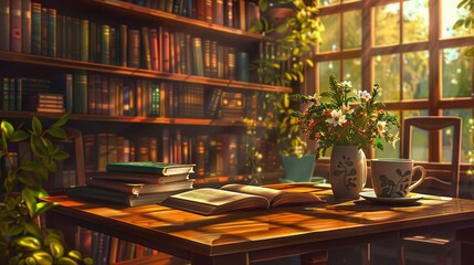 Fototapete - A warm setting features books and a steaming cup of coffee on a table, with sunlight streaming through the windows. Generative AI