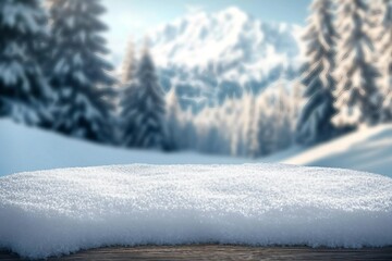 Wall Mural - wooden desk cover of snow and frost with landscape of winter Alps. Christmas magic time.